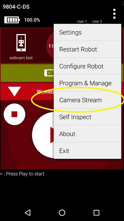 Driver Station screen shot showing the menu with the Camera Stream option circled in yellow.