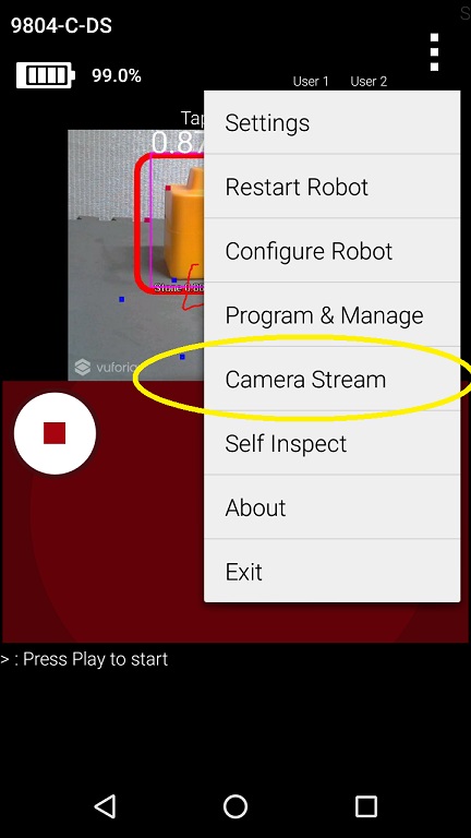 Driver Station screen shot showing the menu with the Camera Stream option circled in yellow.