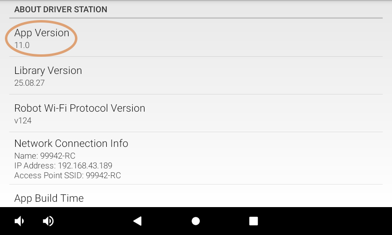Driver Station About screen showing the App Version highlighted with an orange circle.