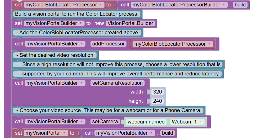 Blocks code for initializing a webcam.