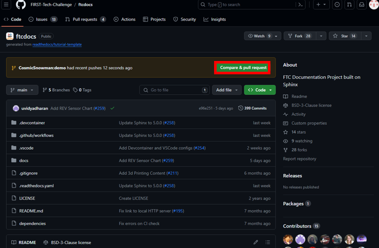 Screenshot showing the Compare & Pull Request button highlighted.