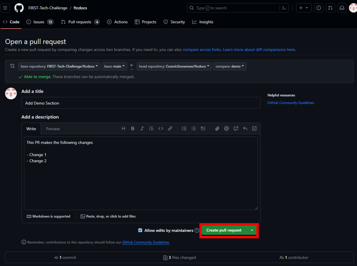 Screenshot showing the Create Pull Request button highlighted.
