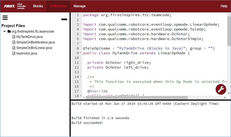 OnBot Java Programming Tool showing Java source code.