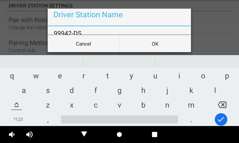 Driver Station Name pop-up screen that allows you to enter or change the name.