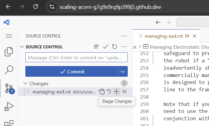 Screenshot showing the source control panel with a file to be staged.
