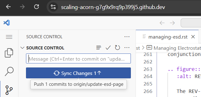 Screenshot showing the source control panel with the Sync Changes icon.